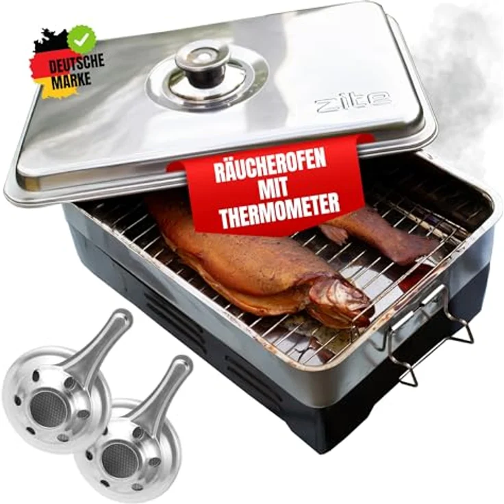 Zite Fishing Tischräucherofen Edelstahl Set mit Thermometer, Buchen-Räuchermehl & Räucherlake, für Fisch, Fleisch, Tofu & mehr, flexibel ohne Strom bzw. Gas, kompakt 42x27x21 cm – Bild 1
