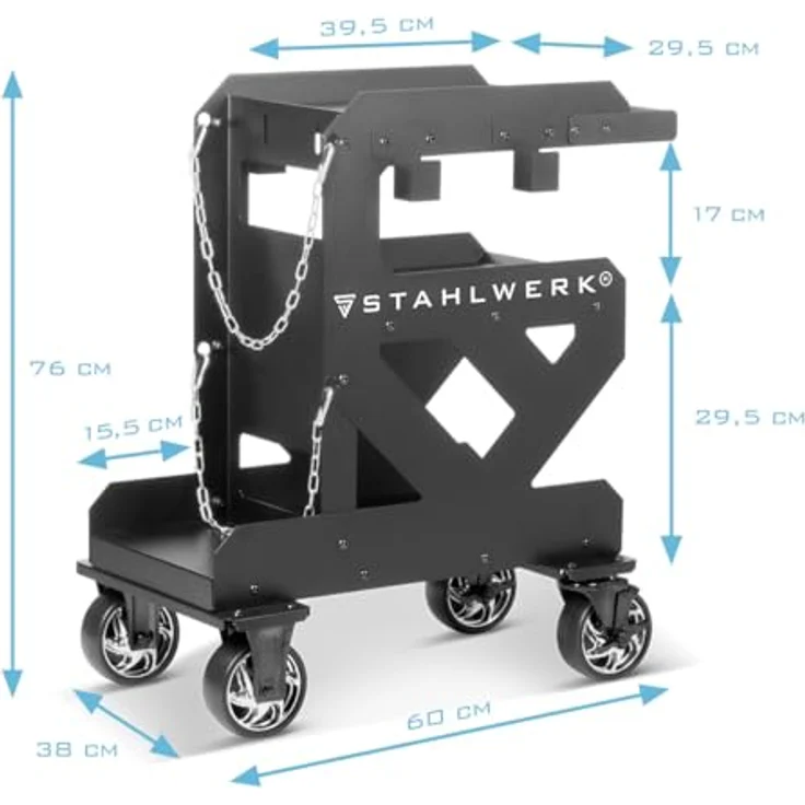 STAHLWERK Schweißwagen SW-600-ST, stabiler 3-Ebenen Gerätewagen mit 1,5 mm Wandstärke, Longlife-Gummirollen, Halterung für Schläuche und Kabel, inkl. Kettensicherung für Gasflaschen, 60 × 38 × 76 cm – Bild 3