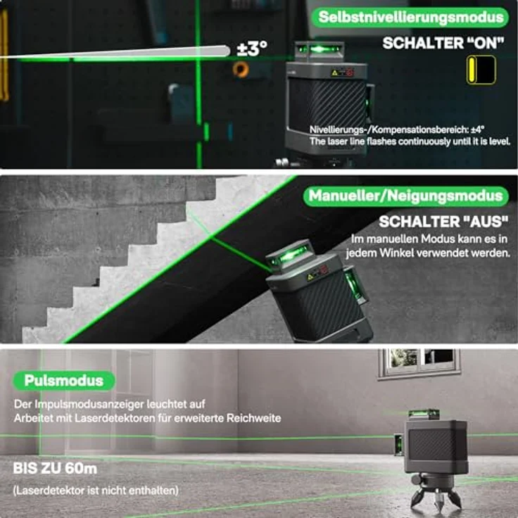 HOTO Kreuzlinienlaser, grüner Laser mit 3x 360° Linien, inkl. Tasche und Stativ, Reichweite max. 30m, IP54 staub- und wassergeschützt – Bild 4