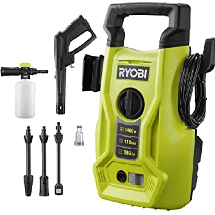 Ryobi Hochdruckreiniger RY110PWA, 1.400 W mit 110 bar max. Druck, selbstansaugende Aluminiumpumpe, inkl. Reinigungsmittelflasche und zwei Lanzen – Bild 1