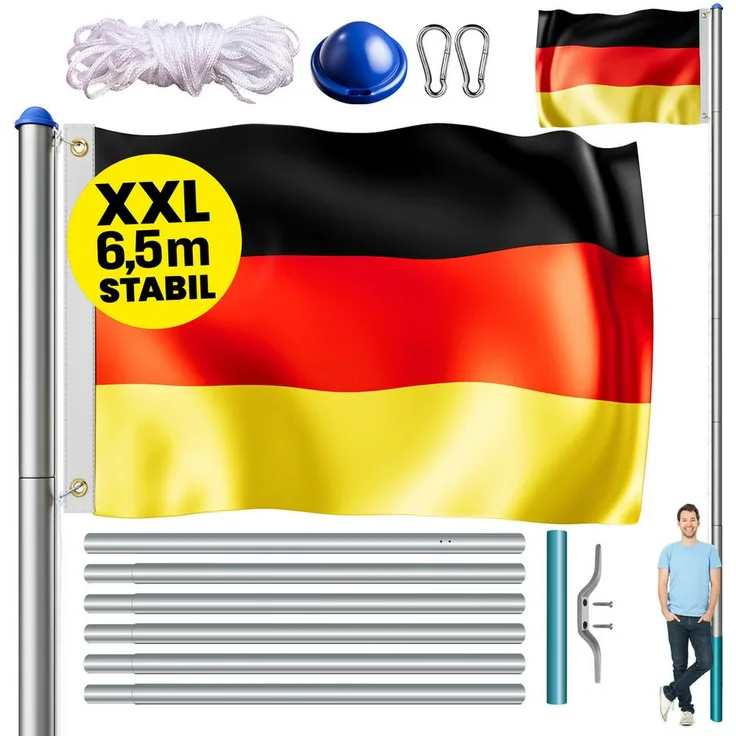 monzana Fahnenmast 6,50 m aus Aluminium, inkl. Seilzug und Flagge 150x90 cm, wetterfest, höhenverstellbar