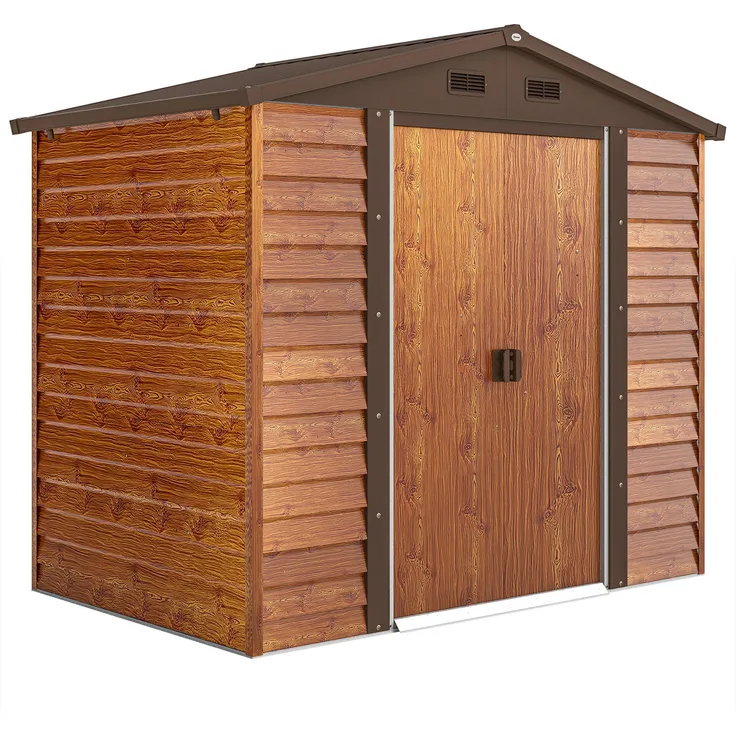 MH Handel Gartenschuppen, Geräteschuppen mit Fenster, wetterfest, Holzoptik aus Stahl, 152 x 235,7 x 208,7 cm, Braun