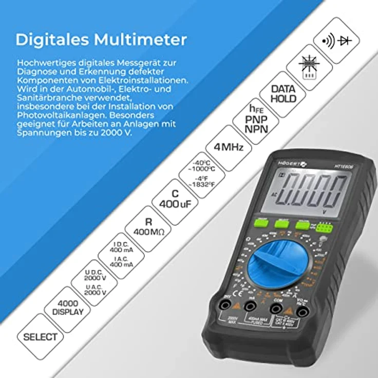 HÖGERT TECHNIK Digitales Multimeter mit NCV, 2000 V Spannungsmessung, Temperaturmessung bis 1000°C, Transistortest, 400 MΩ Widerstand, LCD 4000 für Elektro-, Kfz- und Serviceeinsatz – Bild 2