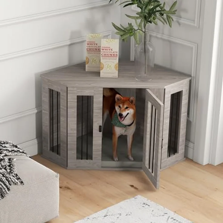 PawHut Hundekäfig, Eckige Hundehütte Hundebox mit Kissen, Hundehaus mit Türriegel, Haustierkäfig für mittelgroße Hunde, Walnuss, 104 x 55 x 63 cm – Bild 2