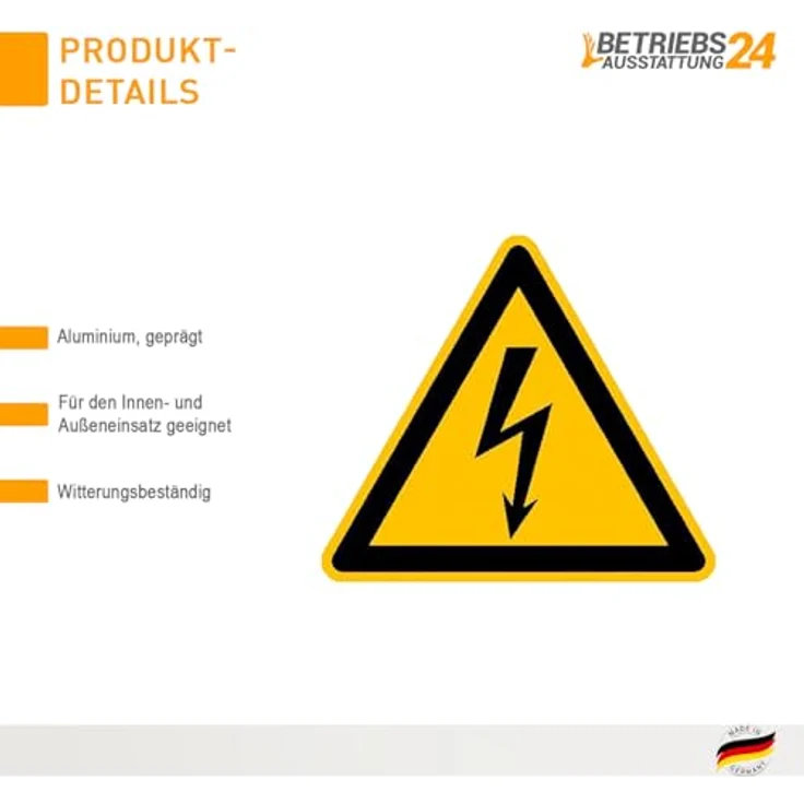 Betriebsausstattung24 Warnschild Warnung vor elektrischer Spannung, geprägtes Aluminium, 40 cm, gelber Hintergrund mit schwarzem Blitzsymbol, made in Germany – Bild 3