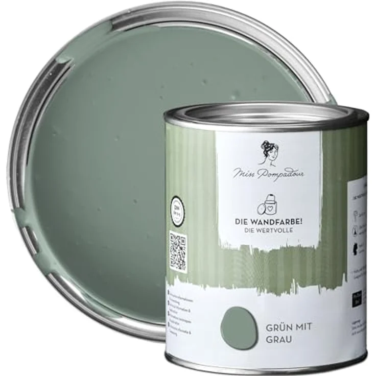 MissPompadour Wandfarbe Die Wertvolle, Grüngrau, matte Innenfarbe mit hoher Deckkraft, 1 L, geruchsneutral und spritzfrei – Bild 1