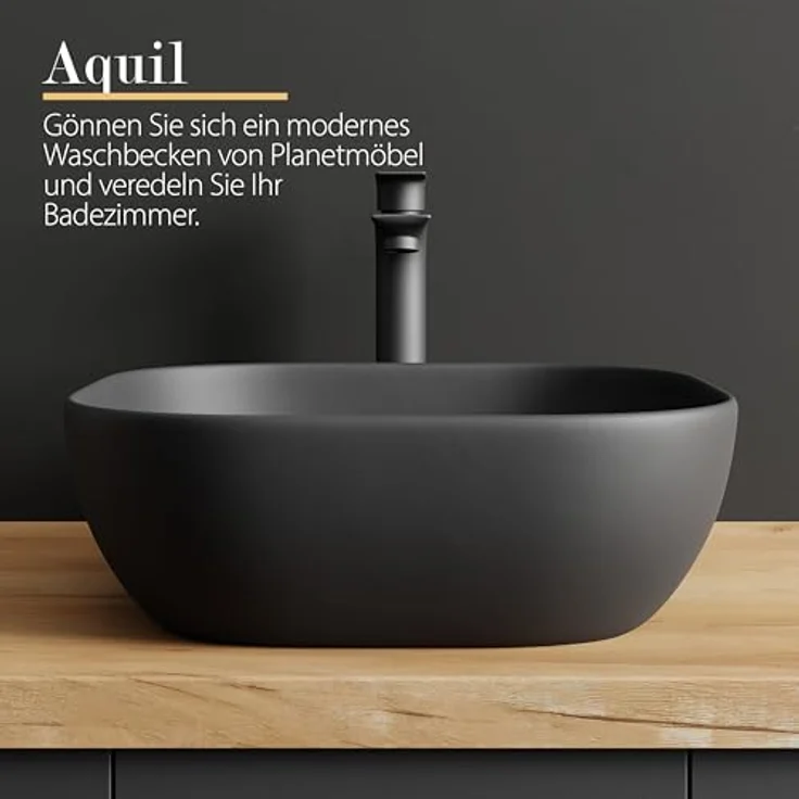 Planetmöbel Aufsatzwaschbecken Aquil, Keramik Waschbecken 42 cm, quadratisch, schwarz, ohne Hahnloch und Überlauf – Bild 5