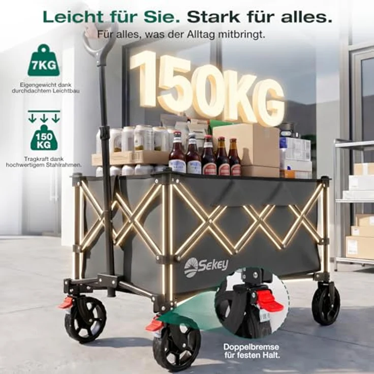 Sekey Bollerwagen XXL 4026, Faltbar mit 135L Volumen, 150KG Belastbar, Geländereifen mit Bremse, 4-Wege-Sofortaufbau, Anthrazit – Bild 5