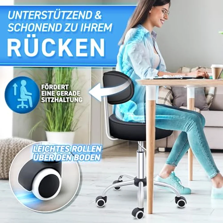 TRESKO Rollhocker Schwarz mit Lehne Arbeitshocker Hocker Drehhocker Kosmetikhocker Praxishocker – Bild 7