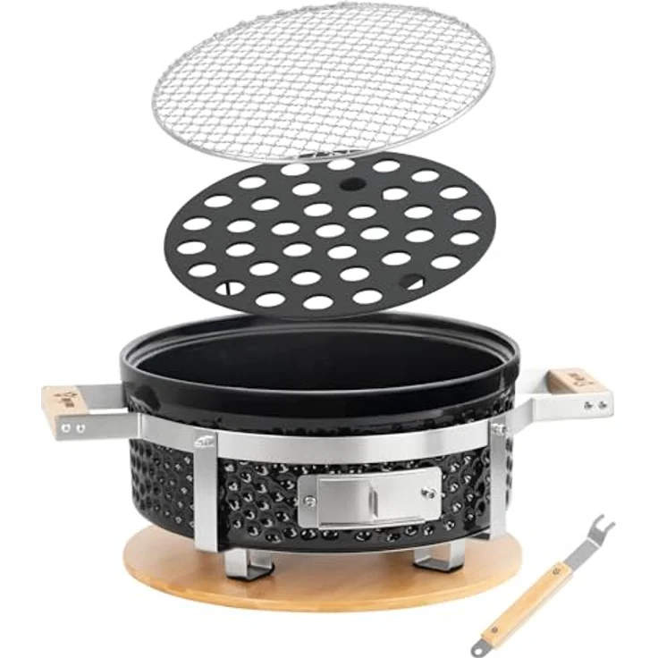 BBQ-Toro Keramik Holzkohletischgrill Ø 29,5 cm, Outdoor Hibachi Grill mit Holzunterlage, ideal für Camping, koreanischen Grill & japanisches BBQ – Bild 2