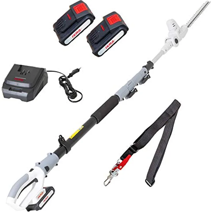 IKRA Akku Teleskop Heckenschere ICPH 2040, mit 2 Akkus 20V (2,0 & 2,5 Ah), Schnelllader, Gurt und 40 cm Schnittlänge