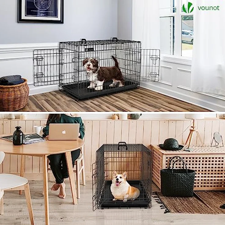 VOUNOT Hundekäfig Klappbar mit Abdeckung, Hundebox Auto Hundetransportkäfig mit Doppeltüren, 2 Transportgriffen & Bodenschale, L 92 x 58 x 64cm, Schwarz – Bild 3