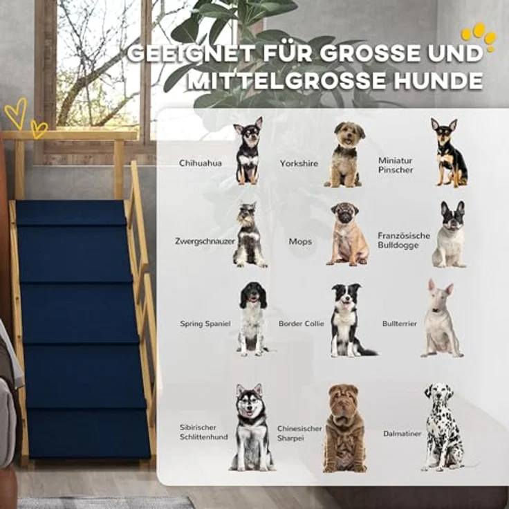 PawHut Hunderampe Klappbar Haustierrampe mit abnehmbaren Geländern, rutschfest Hundeeinstiegshilfe für Haustiere bis 40 kg, Natur – Bild 3