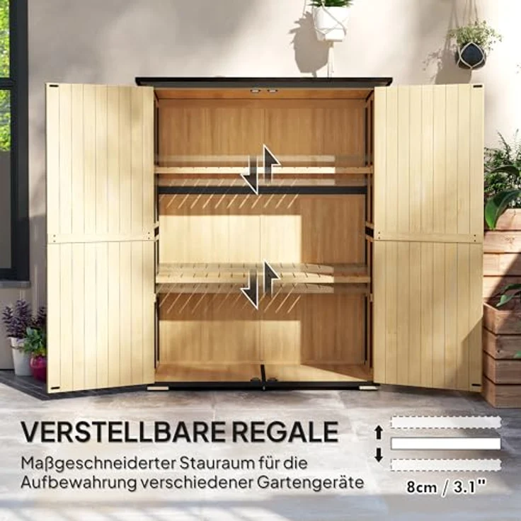Outsunny Gartenschrank, Geräteschuppen aus Holz mit 2 Türen, wetterfest und abschließbar, Regale und Asphalt-Pultdach, 140 x 74 x 173 cm, Naturholz – Bild 5