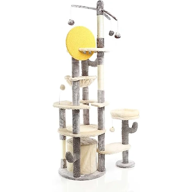 Fudajo Katzenkratzbaum im Kaktusdesign Hellgrau 172 cm, mit Katzenhaus, Liegemulde, Sisal und Spielbälle – Bild 4