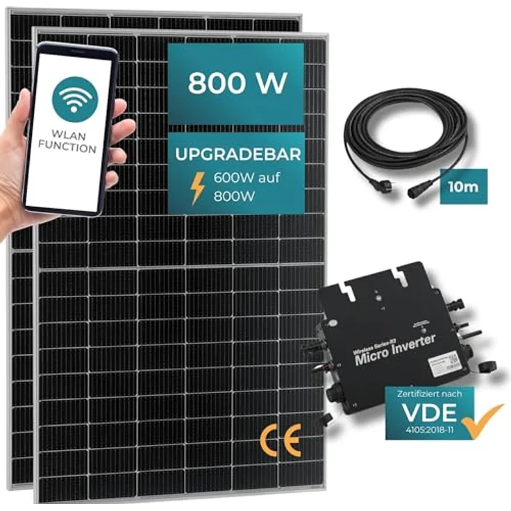 pro.tec Balkonkraftwerk 'Brusson' 800W, Solarsystem mit Inverter, 10m Kabel, schwarz-silber, WiFi-Fernüberwachung