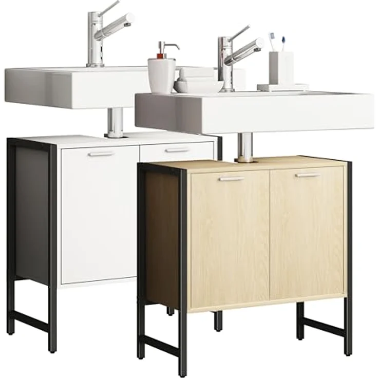 VCM Badmöbel Badunterschrank Waschbeckenunterschrank Badezimmer Holz Metall Edino Drehtüren Honig-Eiche – Bild 1
