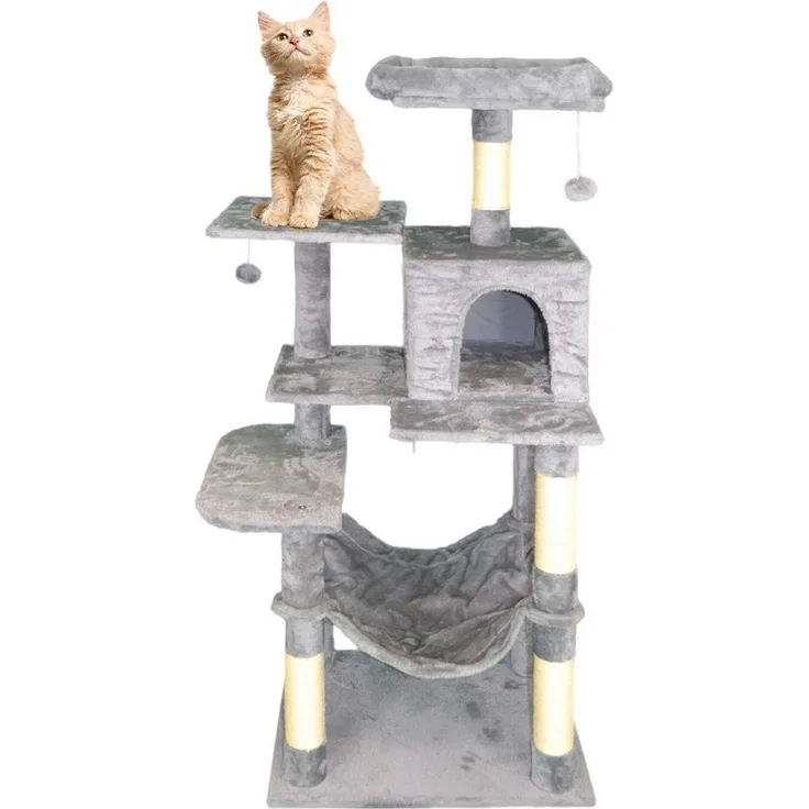 Defactoshop Kratzbaum Kratzbaum dicken Säule, 143 cm, stabil, Katzenmöbel, Katzenbaum, großzügige Plattform, Hängematte und Höhle, weiche Plüschsesseln, vielseitige Spielplätze