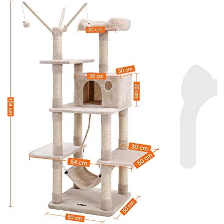 Feandrea XXL Kletterbaum mit Hängematte, Höhle, Spielsisal, 154 cm, Rauchgrau Beige Hellgrau PCT86M – Bild 3