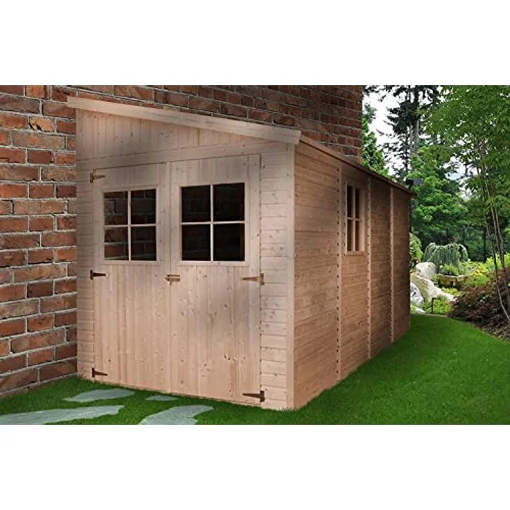 TIMBELA Holz Gartenschuppen (ohne Seitenwand) - Abstellkammer mit Fenstern - H244x211x416 cm/8 m2 Naturholz-Shiplap-Schuppen - Gartenwerkstatt - Fahrrad- Geräteschuppen M340 – Bild 2