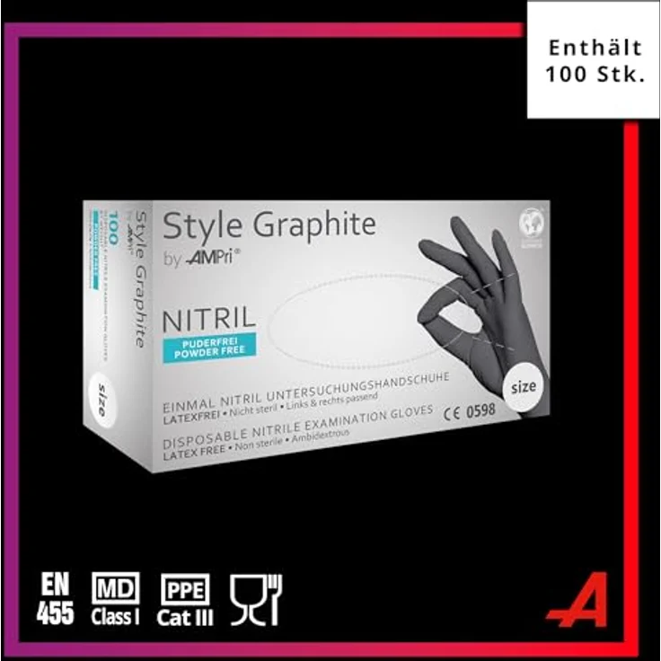 AMPri Nitril Einmalhandschuhe, anthrazit/graphit, 100 Stück/Box, Größe L, puderfrei, Style Graphite by Med-Comfort – Bild 2