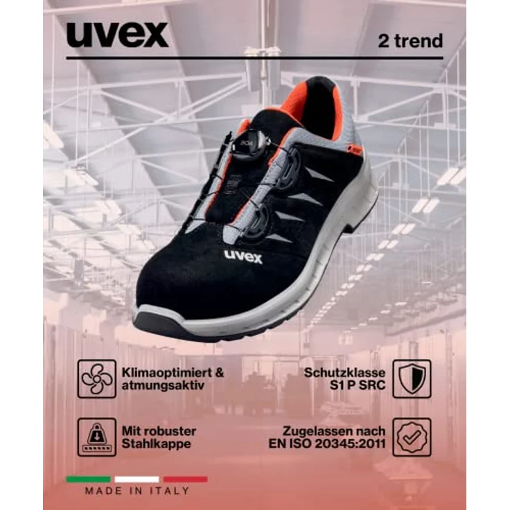 Uvex 2 Trend Boa Halbschuh S1P, Sportlicher Sicherheitsschuh in Schwarz-Grau-Orange mit BOA® Fit System und S1P SRC Schutzklasse – Bild 7