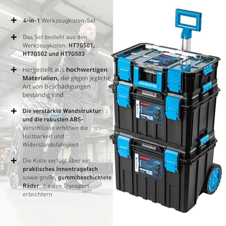 Högert Technik HT7G500 - 4 in 1 Kastenset, Werkzeugkisten auf Rädern, modularer Aufbau, staubdicht und robust mit ABS-Verschlüssen – Bild 2