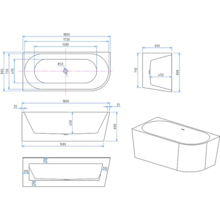 Aloni Halb-Freistehende Badewanne Eckwanne 180x80 Links Rundeck Acryl Weiß, Hochwertige Acrylkonstruktion, Zentraler Ablauf DN50 – Bild 2