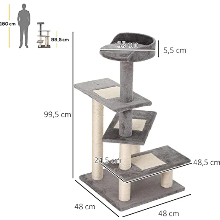 PawHut Kletterbaum Katzenbaum Spielbaum Katzenkratzbaum Treppe 5 Schichte Beige Grau 48 x 48 x 99,5 cm (LxBxH) – Bild 3