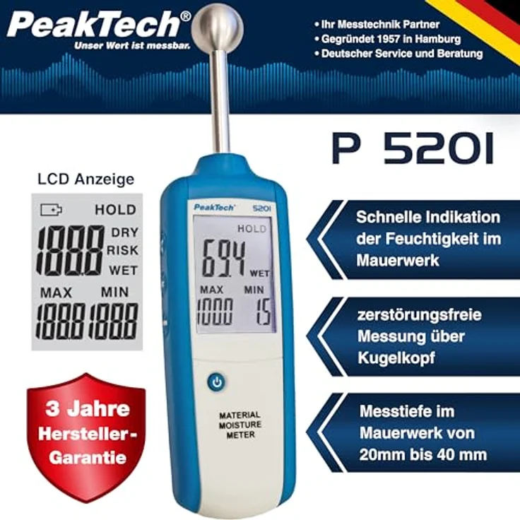 PeakTech 5201 - Feuchteindikator, Materialfeuchtemessgerät, Feuchtemesser, Baufeuchtemessgerät, Feuchtigkeitsmessgerät Holz, Wand, Putz, Gips, Mauerwerk, Feuchtigkeits Detector - Messtiefe: 20 - 40 mm – Bild 2