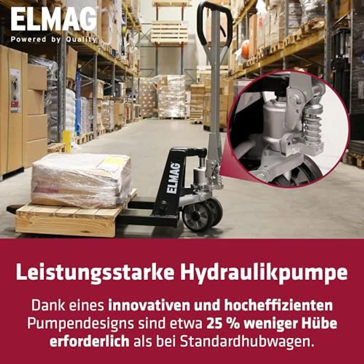 ELMAG Handhubwagen kurz HWK 2500, Palettenwagen mit 2500 kg Tragkraft, 800 mm Gabellänge, 540 mm Gabelbreite, Gummiräder & Polyurethan-Tandemrollen für mühelosen Transport – Bild 5