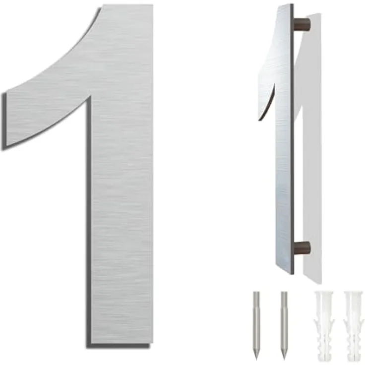 Ywonoby Edelstahl Hausnummer 203 mm - Wetterfest, Pflegeleicht, Metallic Mattes Silber, Moderner Schwebender Look, Einfache Installation, Arial Ziffer 1