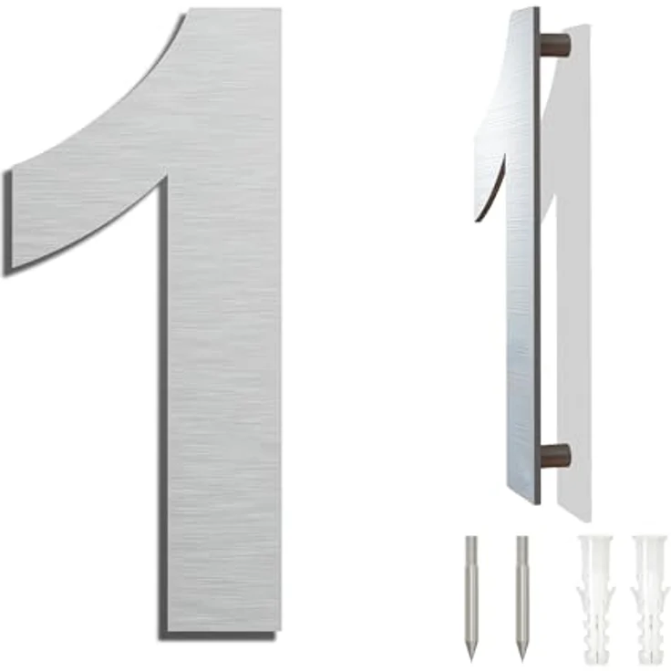 Ywonoby Edelstahl Hausnummer 203 mm - Wetterfest, Pflegeleicht, Metallic Mattes Silber, Moderner Schwebender Look, Einfache Installation, Arial Ziffer 1 – Bild 1
