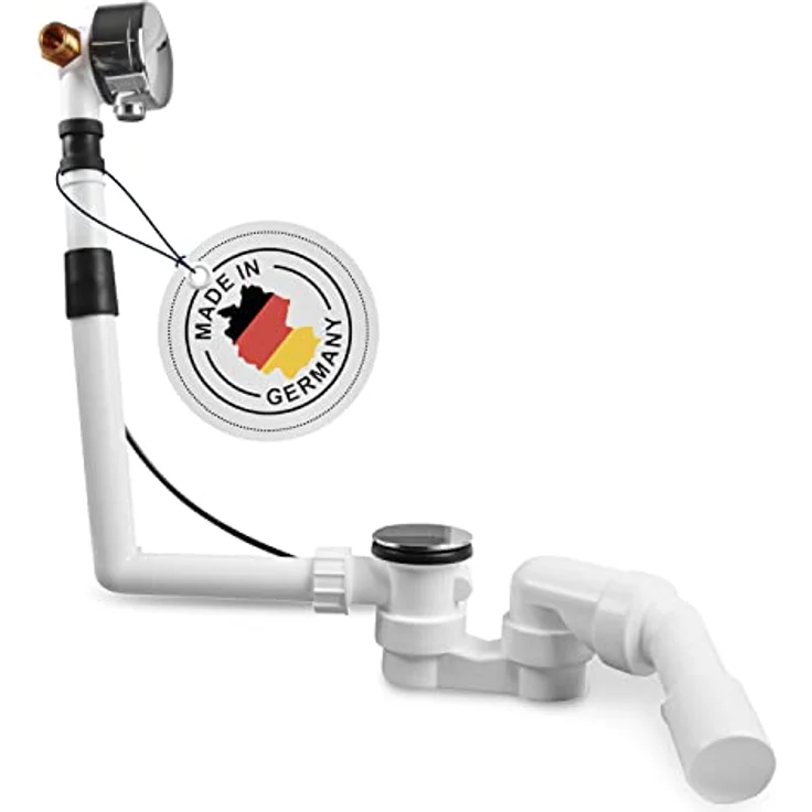 AQUADE 60027 Ab-und Überlaufgarnitur mit Zulauf für Badewannen und Whirlpools Ablauf Überlauf mit Chrom Exzenter Edelstahl Ablaufdeckel Qualität: Made in Germany, Weiss – Bild 1