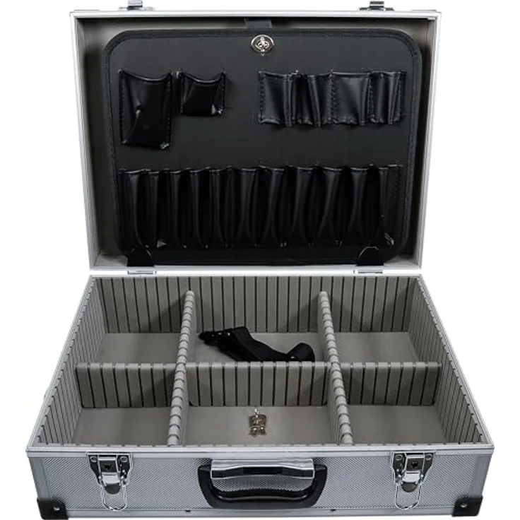 BGS TECHNIC Aluminium Werkzeugkoffer 460 x 340 x 150 mm, mit 4-facher verstellbarer Unterteilung und Tragegurten