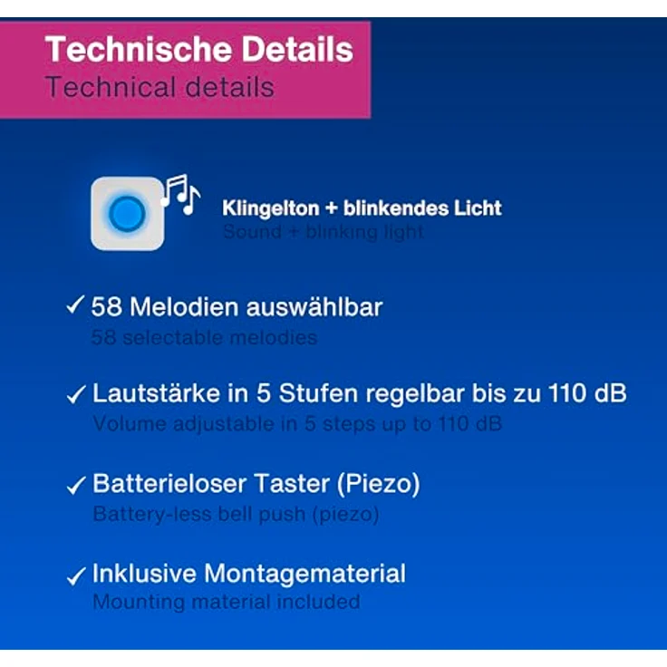 REV Funkklingel Piezo - Steckdosen Gong mit Lichtsignal, 58 Melodien, 4 Lautstärkestufen bis 110dB, kabellos, 100m Reichweite, weiß – Bild 3