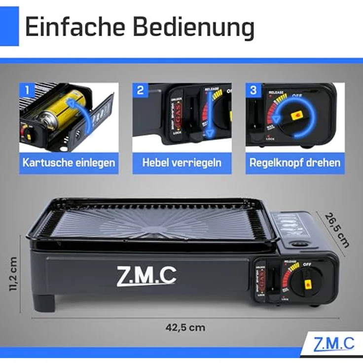 ZMC 2-in-1 Gaskocher + Gasgrill 2,2KW, inkl. Zubehör, Campingkocher mit Grillplatte + Grillrost, Tragekoffer, 3,8kg, Piezo-Zündung ohne Gaskartusche, schwarzes Design – Bild 3