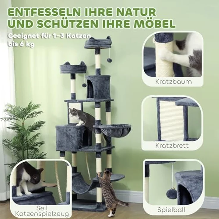 PawHut Kratzbaum 206 cm, mehrstöckiger Katzenkletterbaum mit Höhle, 2 Spielballen, Sisalstämmen, große Plattform, dunkelgrau – Bild 5