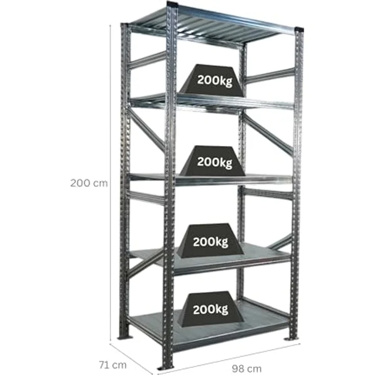Proregal PROXIMO Metallregal, Fachbodenregal (200 x 90 x 70 cm, 5 Böden, Traglast 200 kg pro Boden, verzinkter Stahl) – Bild 2