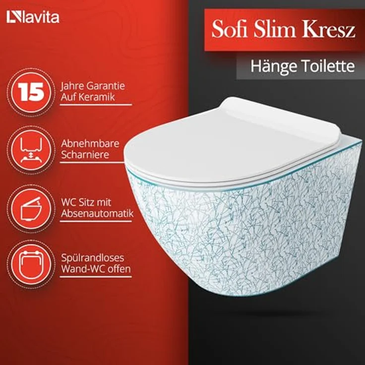 lavita Wand-WC Sofi Slim Kresz | Hänge Toilette | Spülrandlos | Absenkautomatik | 365x490x395 mm | Weiß/Blue – Bild 2