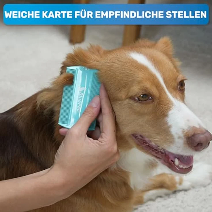 BluePet Flohkamm + Flohkarte, Effektiv gegen Flöhe, Läuse & Zecken, sanfte abgerundete Zinken aus rostfreiem Edelstahl, vielseitig einsetzbar als Hundekamm und Nissenkamm – Bild 5