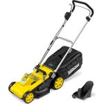Kärcher Akku-Rasenmäher LMO 3-18, 18-V-Akkuplattform, bürstenloser Motor, einstellbare Schnitthöhe, Schaumstoffgriff, 34 cm Arbeitsbreite, 35 l Grasfangbehälter, iPower-Funktion, Rasenkämme, 2-in-1-Mähsystem, höhenverstellbarer Holm, platzsparende Aufbewahrung, Transportgriffe, kompatibel mit 18 V Battery Power-Akkus.