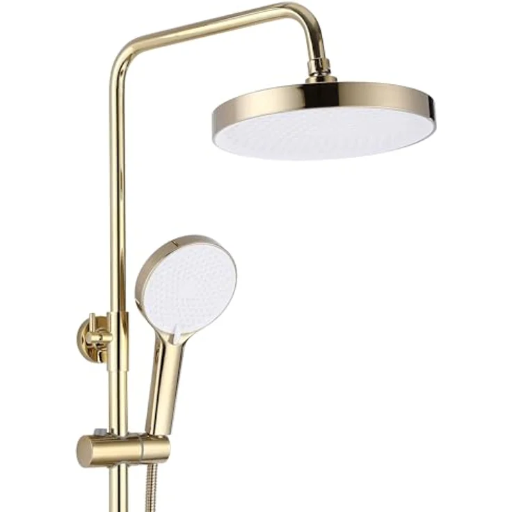 Rea Duschsystem BLOOM WHITE GOLD, Duschset mit Duscharmatur, Duschkopf und Kopfbrause aus Messing, Anti-Kalk Düsensystem, Aufputzmontage, Weiß/Gold – Bild 4