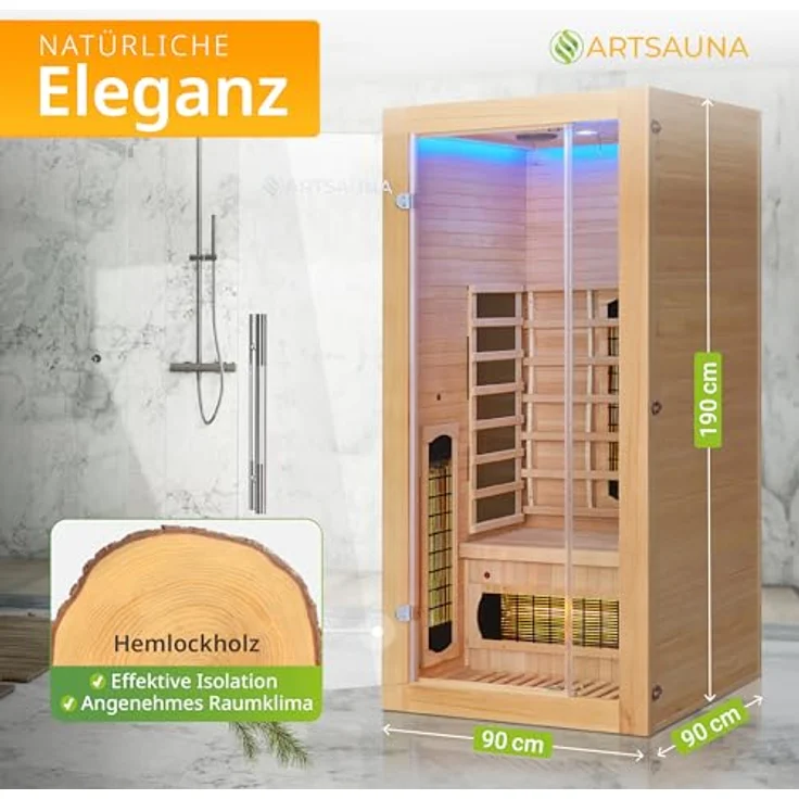 Artsauna Infrarotkabine Kiruna90 Dual Technologie, BxTxH: 90 x 90 x 190 cm, für 1 Personen, Hemlockholz, HiFi-System, Bluetooth, LED-Farblicht, Natur – Bild 2