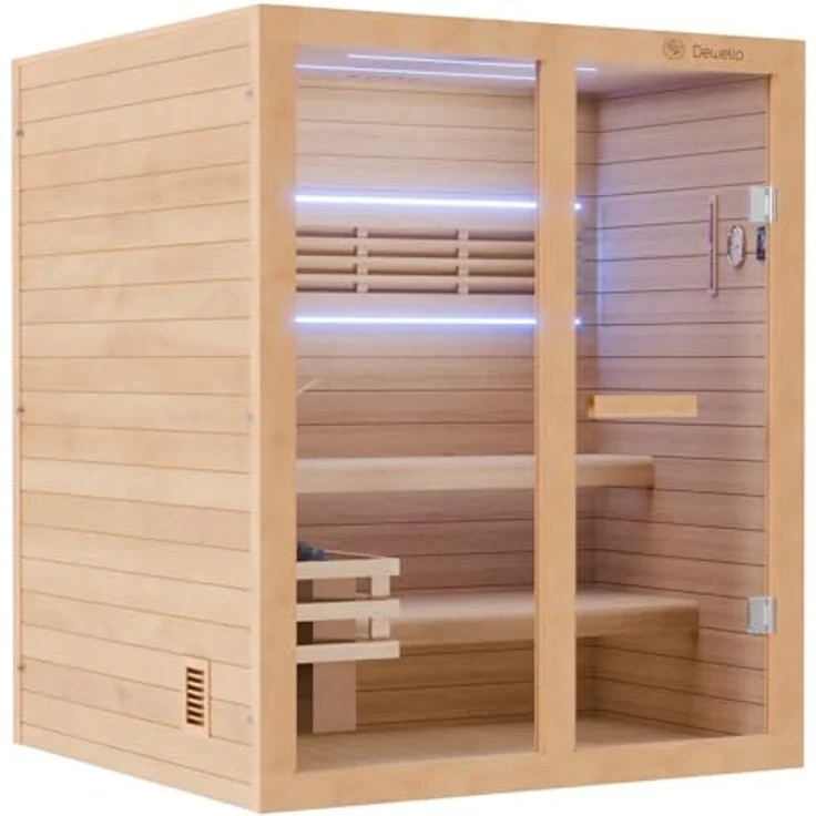 Dewello Sauna TOFINO 160x150 Finnische Sauna, 3 Personen, Saunaofen Harvia 4,5KW, Hemlock-Tannenholz, leichter Aufbau – Bild 5