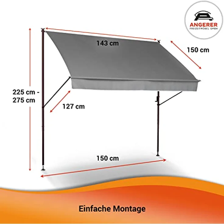 ANGERER Klemmmarkise Style, 150 cm, grau, höhenverstellbar, UV-beständig, wasserabweisend, einfache Montage ohne Bohren, Made in Germany – Bild 4