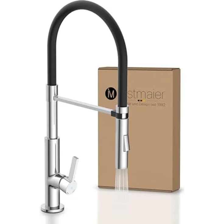 instmaier Küchenarmatur K4, Spültischarmatur mit hohem Auslauf, flexible Handbrause, 2 Strahlarten, schwarz/gräu