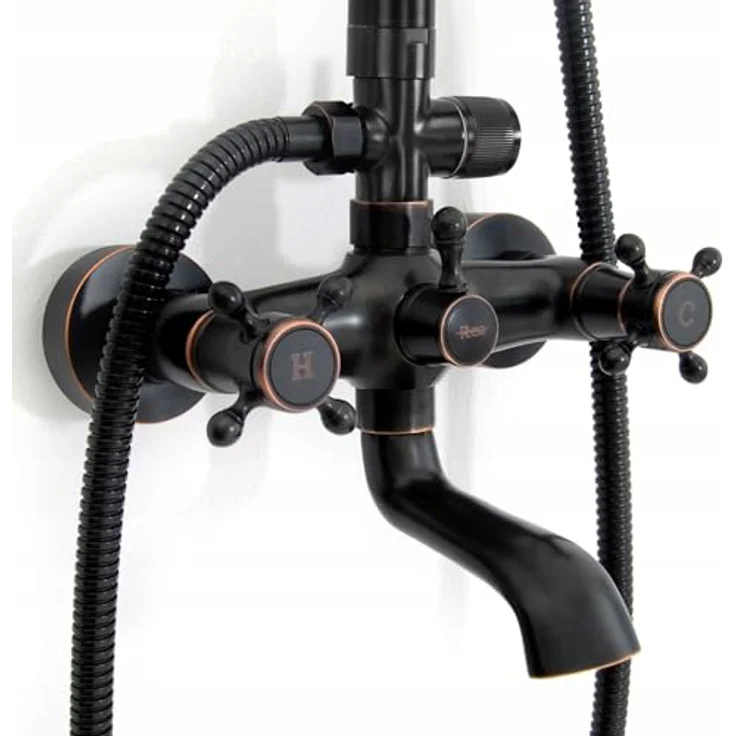Rea Duschsystem Retro Old Black, Duschset mit Messing Duscharmatur und Kopfbrause, Anti-Kalk Düsensystem, Aufputzmontage, mattschwarz – Bild 3
