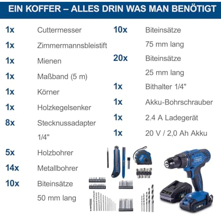 Scheppach mobile Werkstatt C-DTB74/1-X | 50 Nm | LED | Gürtelclip | 20V IXES | inkl. Akku-Bohrschrauber, Akku, Ladegerät und 74-teiligem Zubehörset – Bild 7