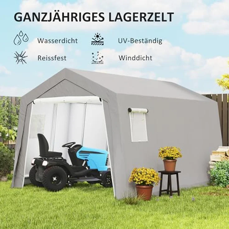 Outsunny Gerätehaus mit Satteldach, wasserdichtes Gerätezelt aus UV-beständigem PE-Gewebe, hellgrau, 300 x 447 x 255 cm, mit Türen und Fenstern – Bild 3